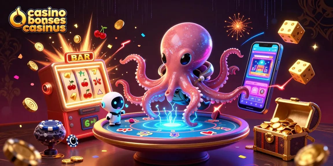 Engaging scene illustrating casino bonuses casinous with an alien octopus playing poker amidst lively casino elements.
