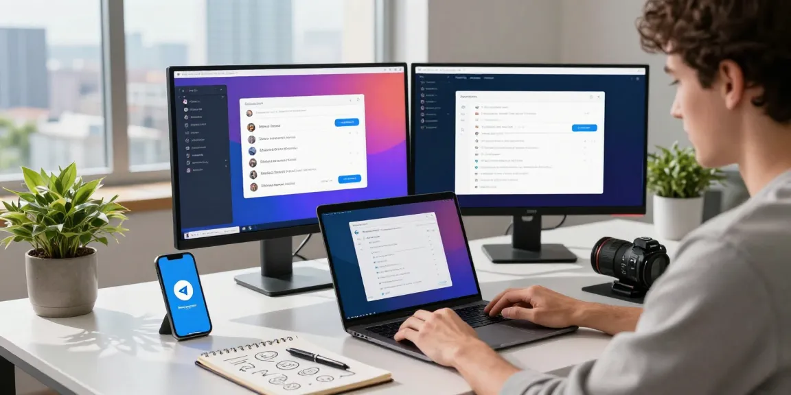Developer using Telegram Web Version on dual screens in a modern office space, showcasing collaboration.
