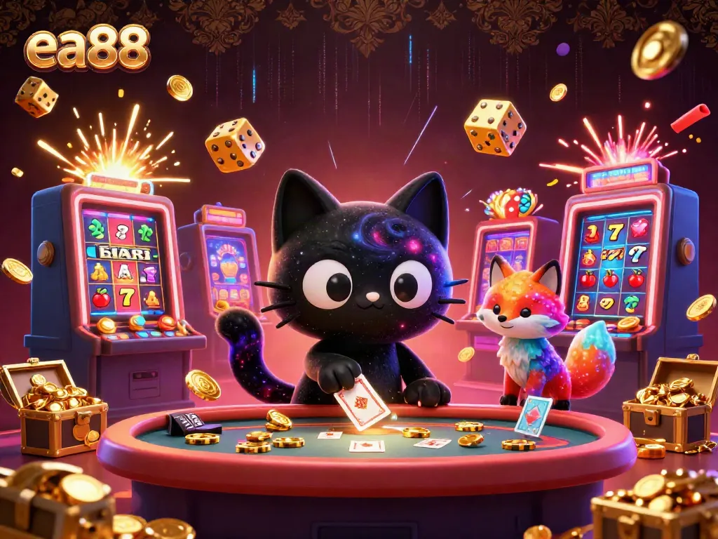 Experience the vibrant casino atmosphere of ea88 with a cosmic theme, featuring a black hole cat and a nebula fox in a dynamic game scene.