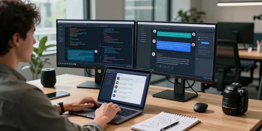 Capturing a person using Crush on AI chatbot in a modern tech workspace, highlighting innovative technology interaction.