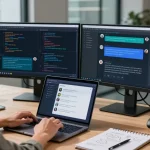 Capturing a person using Crush on AI chatbot in a modern tech workspace, highlighting innovative technology interaction.